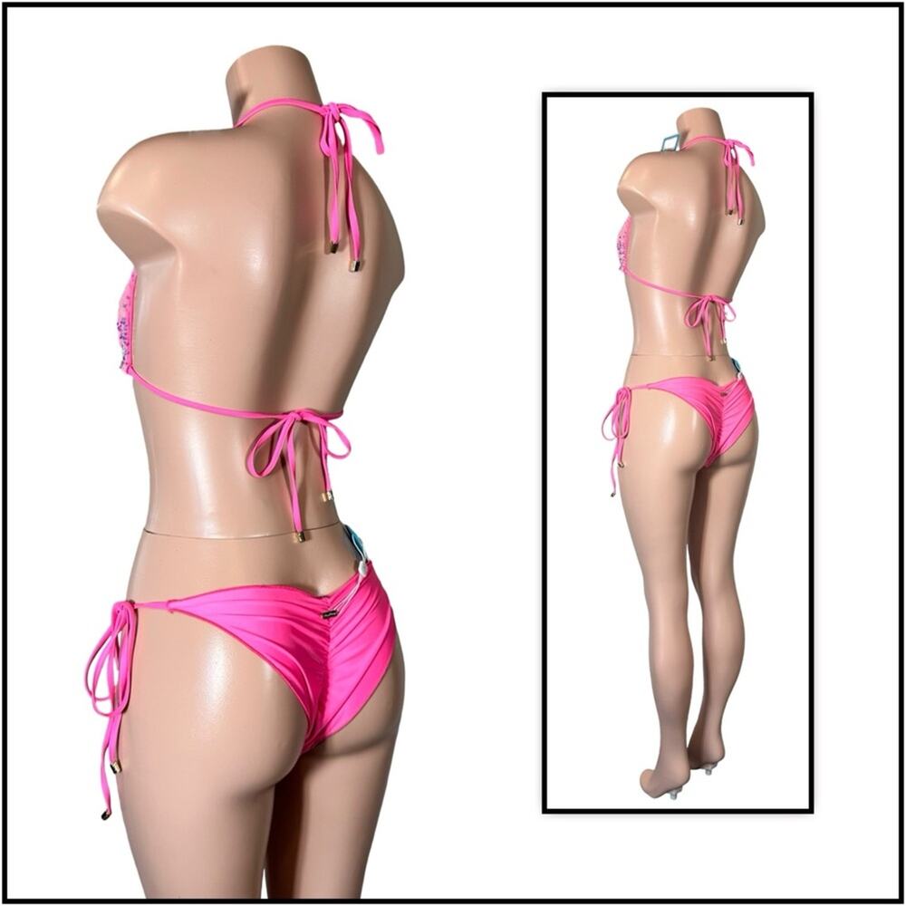 Beach Bunny Pink Icon DD Triangle Top & L Icon Tie Side Skimpy Bottom $250 - Picture 6 of 14